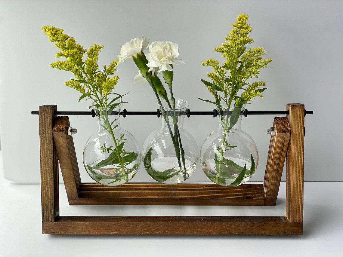 Wooden Plant Stand with Glass Vase Glass Planter Etsy
