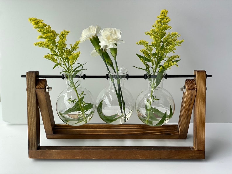 Wooden Plant Stand With Glass Vase Glass Planter Etsy
