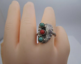 Native American Sterling Silver with Turquoise & Coral Feather Motif Ring