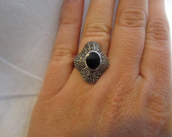 Antique Sterling Silver and Marcasite with Solitaire Onyx Ladies Ring