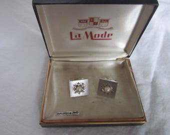 Retro Designer La Mode Sterling Silver and Cultured Pearl Cuff Links
