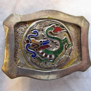 Antique Sterling Silver and Enameled Fantasy Belt Buckle with Fire Dragon