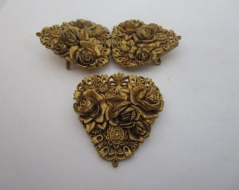 Vtg Victorian Style Fancy Composition Floral Rose Motif Brooch & Matching Belt Buckle
