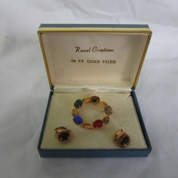 Antique Russel Creations Scarab Brooch & Earring Set with Multi Semi Precious Stones Tiger Eye Jade Etc  Original Case