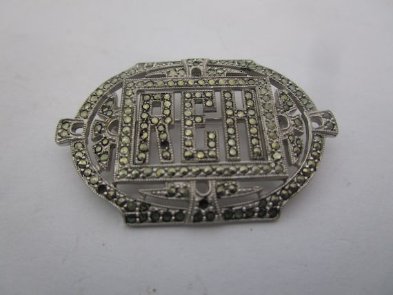Antique Sterling Silver & Marcasite Monogram Fancy Brooch " REH "