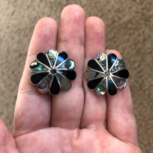 Old Mexico Artist Signed Sterling Silver with Abalone & Black Enamel Pinwheel Screw Back Earrings