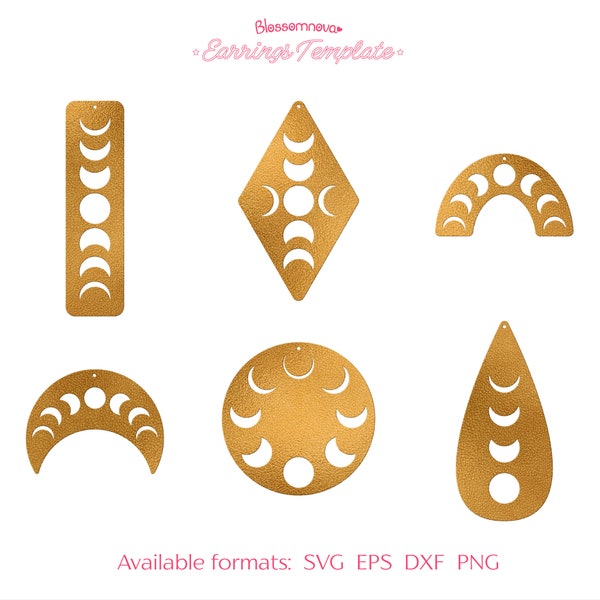 Moon phase earring svg, crescent pendant template for leather earrings, celestial half moon svg, eps, dxf, png cut files