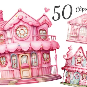 Grillige roze poppenhuis clipart set-50 hoogwaardige PNG-afbeeldingen-leuke en speelse graphics voor prinses ambachten