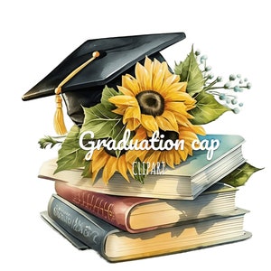 Aquarell Abschlusskappe mit Sonnenblumen Clipart - Hochwertiger digitaler Download PNG, perfekt für Einladungen und Kunsthandwerk!