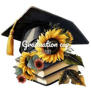 Aquarell Abschlusskappe mit Sonnenblumen Clipart - Hochwertiger digitaler Download PNG, perfekt für Einladungen und Kunsthandwerk!