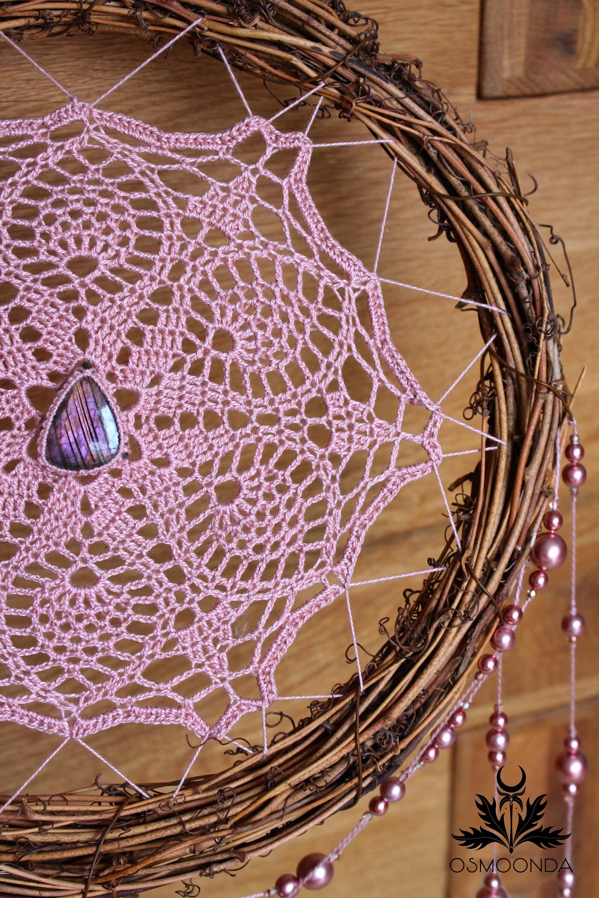 Poésie - Dreamcatcher Attrape-Rêve Rose Vieilli/Pâle Au Crochet et Brindilles, Labradorite Violette