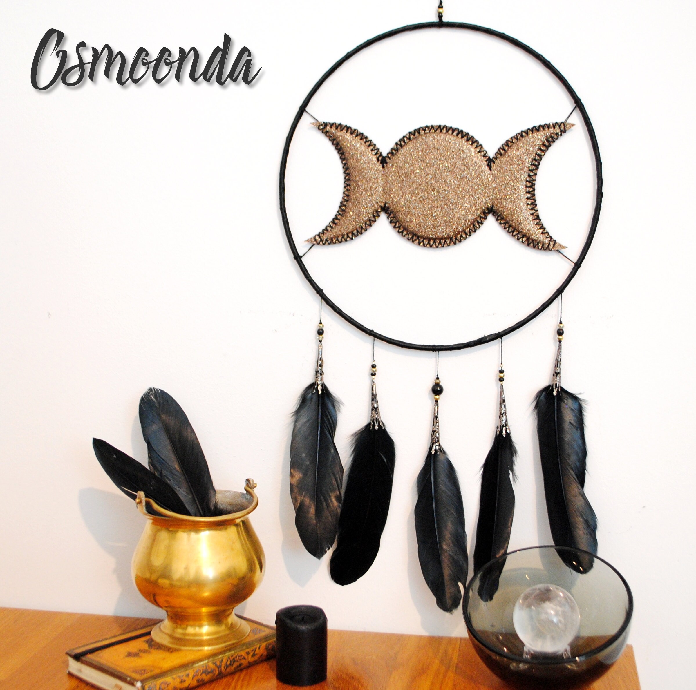 Attrape-Rêve Dreamcatcher Noir et Doré Phases de La Lune Triple Goddess Witch Witchcraft Magie Wicca