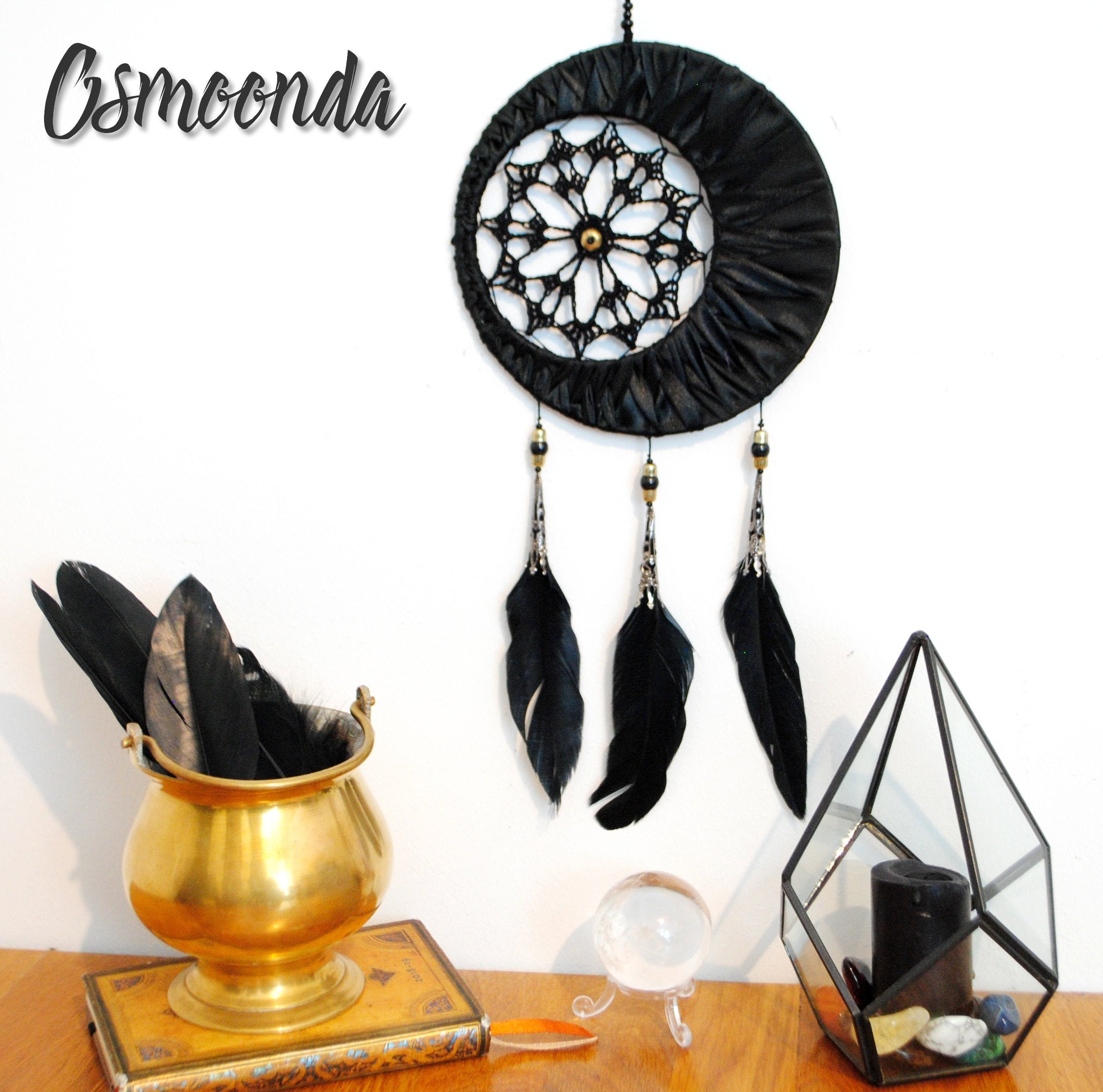 Dreamcatcher Attrape-Rêve Noir et Doré Lune Crochet Décoration Pagan Ethnique Witch Witchcraft Manda