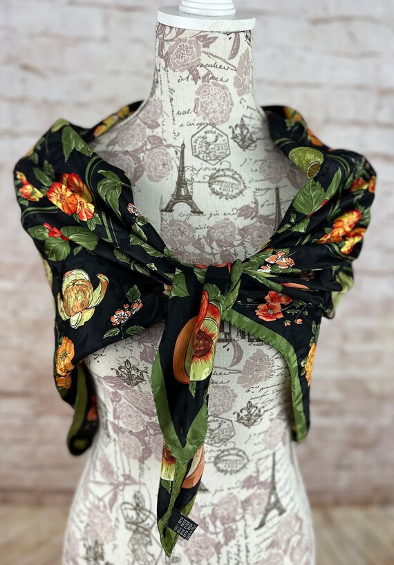 Magnificent Vintage Scarf 100% Silk Floral Fruit … - image 2