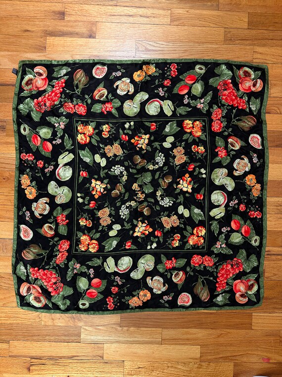 Magnificent Vintage Scarf 100% Silk Floral Fruit … - image 1