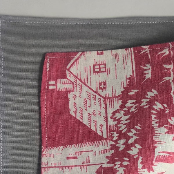 Reversible Pocket Square--Dusty Red and White Toile & Solid Gray