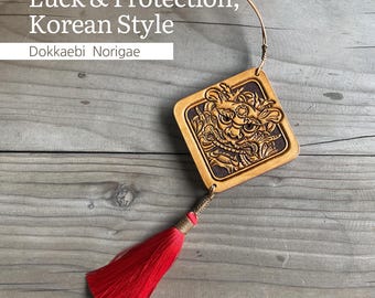 Hand-Carved Leather Dokkaebi Norigae: Korean Goblin Amulet