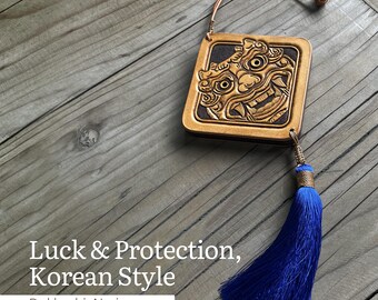 Hand-Carved Leather Dokkaebi Norigae: Korean Goblin Amulet, Blue Talisman