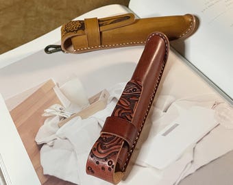 Hand Carved Rowboat Leather Pen Case, Fountain Pen Holder with Strap, Gift