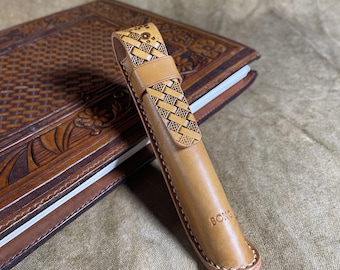 Hand Carved Celtic Weave Leather Pen Case, Fountain Pen Holder with Strap, Personalized Gif