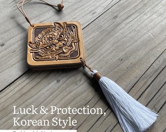 Hand-Carved Leather Dokkaebi Norigae Talisman: Korean Goblin Amulet