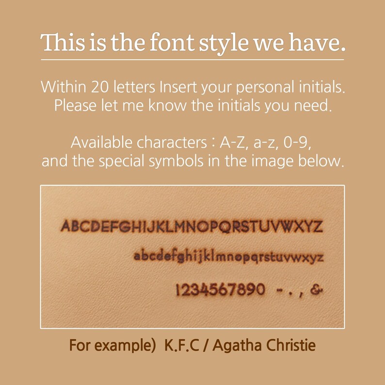 May include: A demonstration of the available font style for customisation. The image shows uppercase and lowercase letters, numbers, and symbols. The text reads, "This is the font style we have." and provides examples of how to use the font.