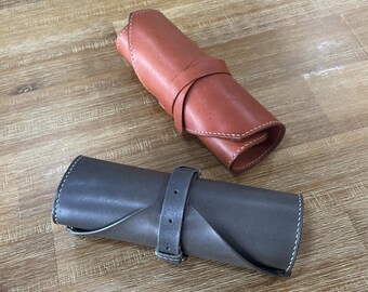 Leather Wrap Pouch, Handmade Veg Tan Organizer, Minimal EDC Case, Pen & Cosmetic Pouch