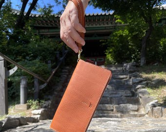 Handmade Leather Long Wallet with Wrist Strap: Personalized Clutch Pouch