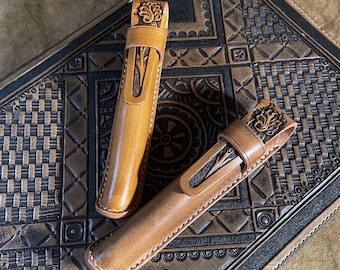 Hand Carved Flower Leather Pen Case, Fountain Pen Holder with Strap Option, Personalized Gift
