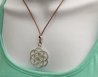 Seed of Life Necklace: Silver Plated Pendant, Brown Waxed Cotton Cord