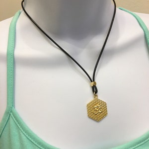 FLOWER of LIFE Hexagon Gold Plated Yoga OM Hollow Necklace, 2mm 16-18inch Adjustable Black  Waxed Cotton  Cord