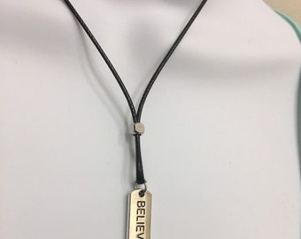 Inspiration Tag Necklace: Antique Silver Charm, Waxed Cotton Cord
