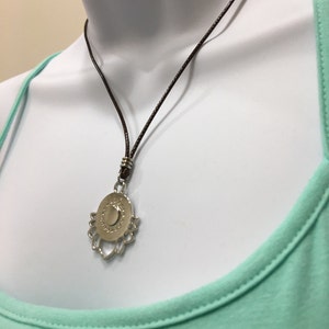 Dark Brown Cord-- LOTUS FLOWER-- Silver Plated Necklace, 1.5mm 17-18inch Adjustable Brown Waxed Cotton Necklace Cord.