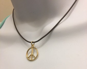 LOVE and PEACE Gold Plated Choker Necklace, 1.5mm 14 inches   Genuine Leather Necklace Cord.