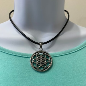 SEED of LIFE Stainless Steel Necklace, 3mm Genuine Leather  Cord and 14 inches long plus 2 Inches Extended Chain