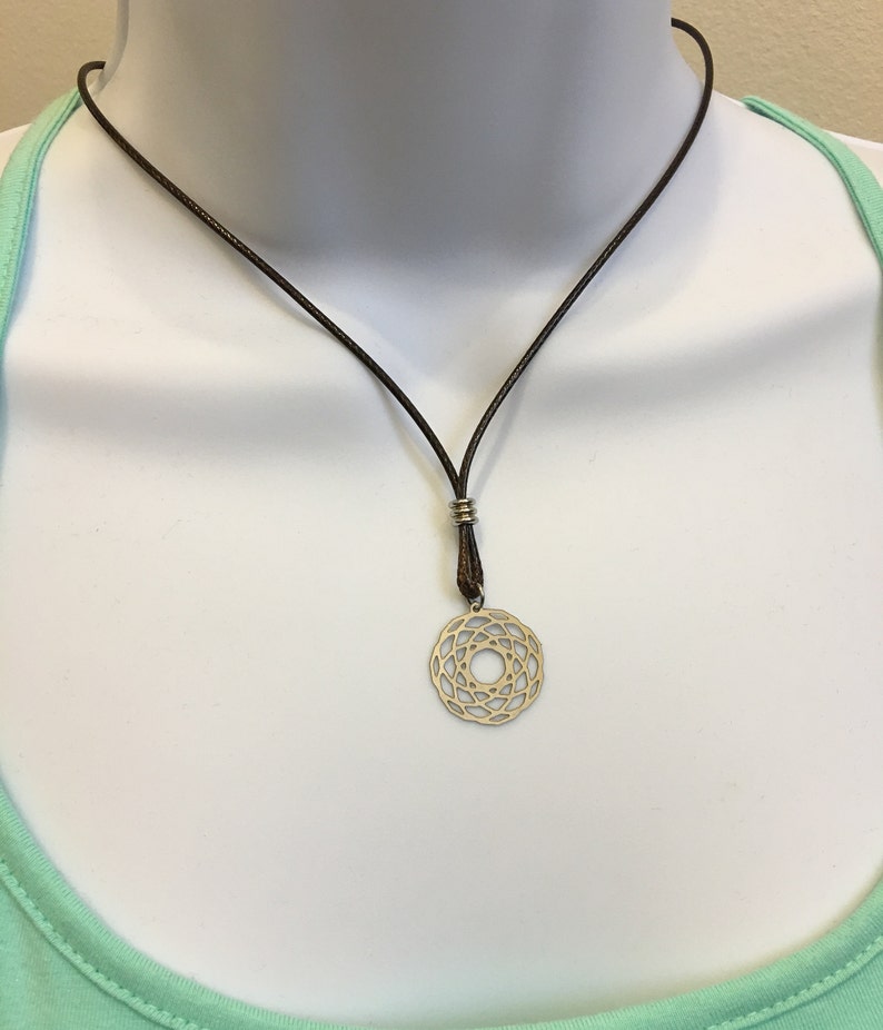 1.5mm 17-18inch Adjustable Waxed Cotton Necklace Cord. FLOWER of LIFE Stainless Steel FILIGREE Charm Necklace