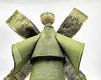 Ángel de cinta con alas verdes y doradas, adorno, recuerdo, regalo inspirador o decoración