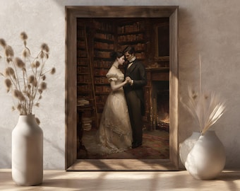May include: A framed painting of a couple in a library setting. The man is wearing a dark suit and the woman is wearing a white dress. They are standing close together and looking at each other.