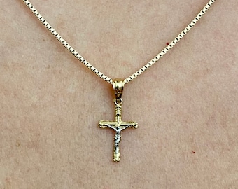 14k Dainty Two Tone Crucifix Pendant. Small Cute Crucifix. Baptism Gift.
