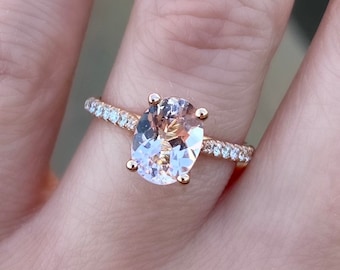14k Rose gold Oval Morganite timeless Diamond ring. Morganite engagement ring. Trendy statement rings.