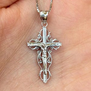 14k White Gold Unique Elegant Vine Crucifix Pendant. Beautiful Custom Crucifix. Women’s Crucifix. Baptism Gift.