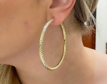 14k Diamond Cut Hoop Earrings. Gorgeous Super Shiny Diamond Cut Hoops. 2.5 Inch Hoop Earrings.