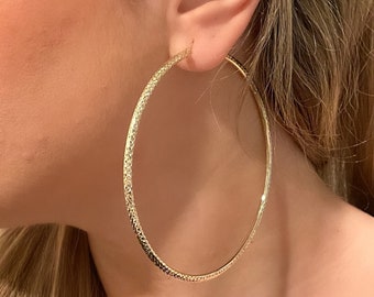 14k Diamond Cut Gold Hoop Earrings. 3.5 Inch Fashion Gold Hoops. Large Gold Hoop Earrings.