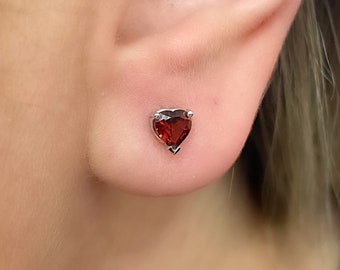 Heart Garnet Stud Earrings. Heart Shape Red Garnet Studs. Natural Color Stone Stud Earrings.