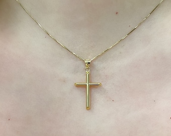 14K Simple Cross Pendant. 1 Inch Timeless Gold Cross. Religious Pendant.