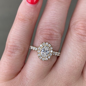 14k yellow gold oval halo diamond engagement ring. Oval engagement ring. Anniversary gift.