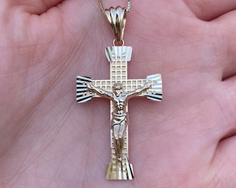 14k gold diamond cut crucifix cross. Unique Gold cross. 1.75 Inch Cross pendant. Religious charm. Jewelry gift.