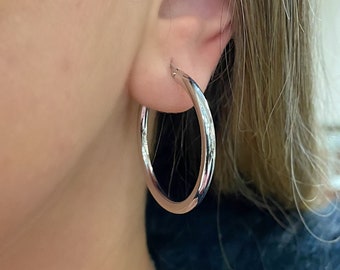 14k White Gold Hoop Earrings. 1.35 Inch 3mm White Gold Hoops. Women’s Earrings.