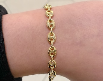 14k Puffed Mariner Link Bracelet.Anchor Mariner Link bracelet. 6.5mm Trendy Stackable Gold Jewelry. Womens Bracelets.