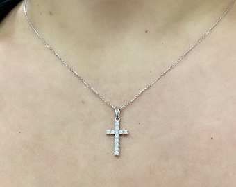 14k White Gold Diamond Cross. Classic 1 Inch Diamond Cross Pendant. Layering Necklace. Baptism Gift.